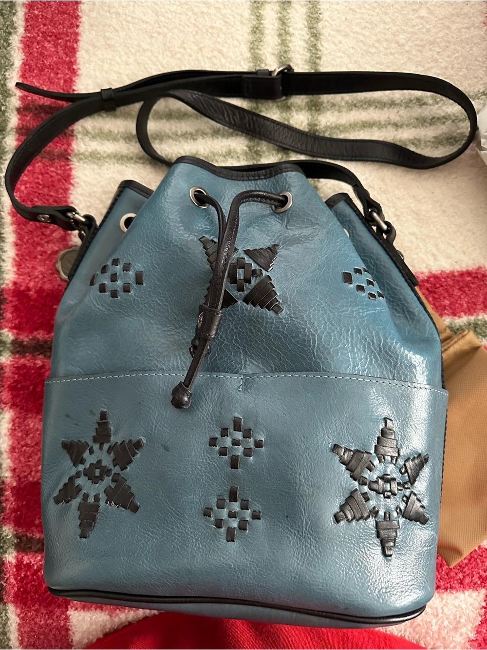 Patricia Nash Blue Leather Drawstring Bucket Bag with Woven Accent